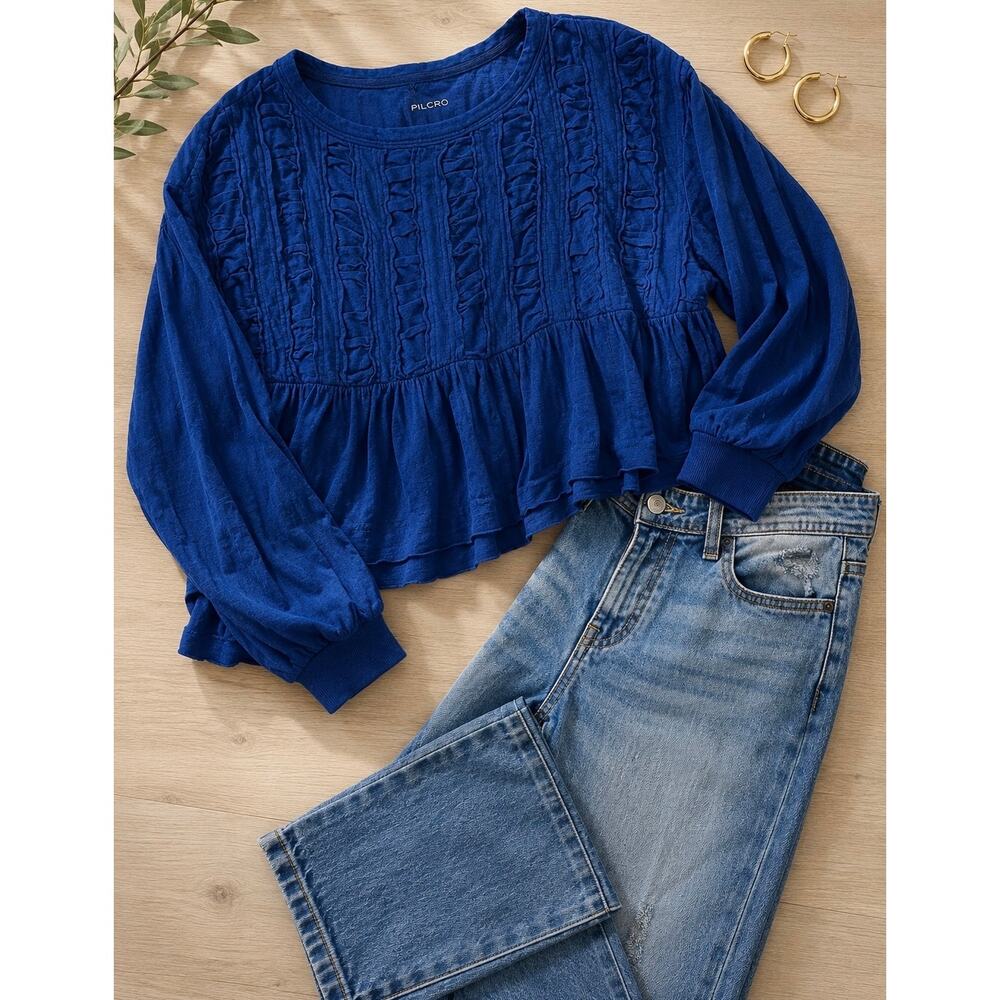 Pilcro Anthropologie Royal Blue Ruffle Peplum Top Small Boho Cottagecore
